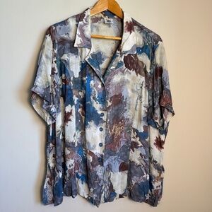 Linen / Viscose Short Sleeve Collared V-Neck Button Up Blouse Semi Sheer Size 2X
